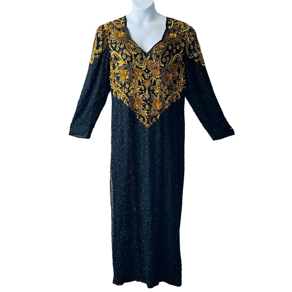 VINTAGE 80s SCALA Gold and Black Hand Beaded Evening Gown Size 16